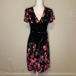 Apt. 9 Black and Pink Wrap Midi Dress with Flutter Sleeves